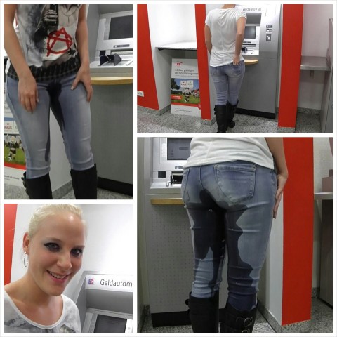 Jeans Piss vor Geldautomat in der Bank