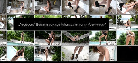 teasing and walking in extreme arched 20cm high heels around pool.